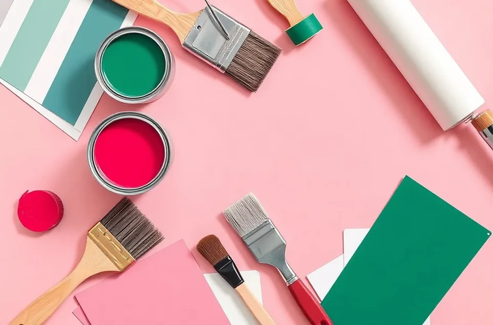 Pots de peinture, nuancier, brosses et rouleaux disposés à plat