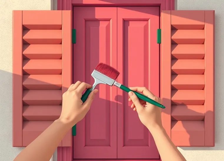 Mise en peinture au pinceau de volets et d'encadrements en bois