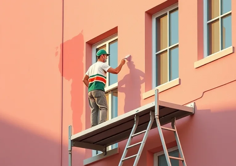 Peintre sur échafaudage traitant la façade d'une maison